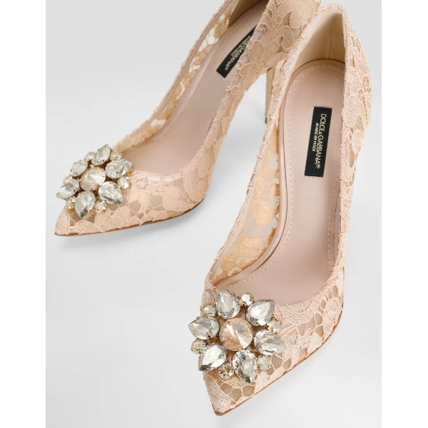 Pink Dolce & Gabbana Lace rainbow pumps with brooch detailing, view 4 | Heels
