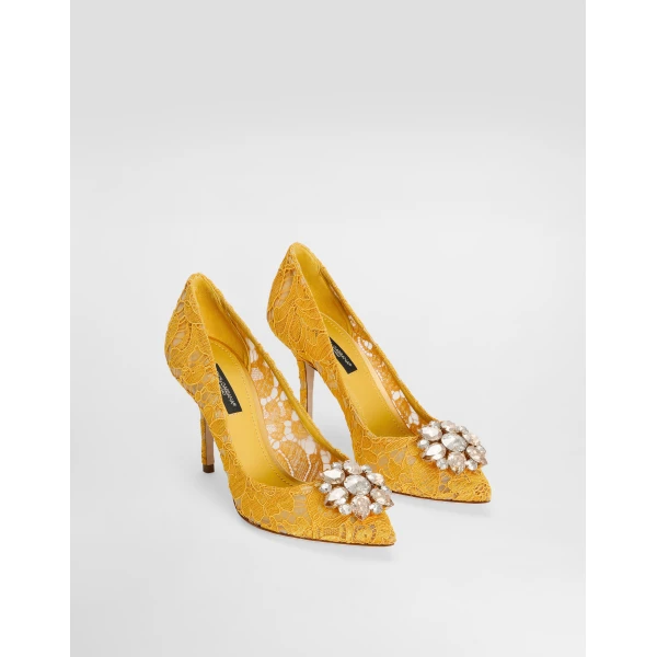 Yellow Dolce & Gabbana Lace rainbow pumps with brooch detailing, view 2 | Heels