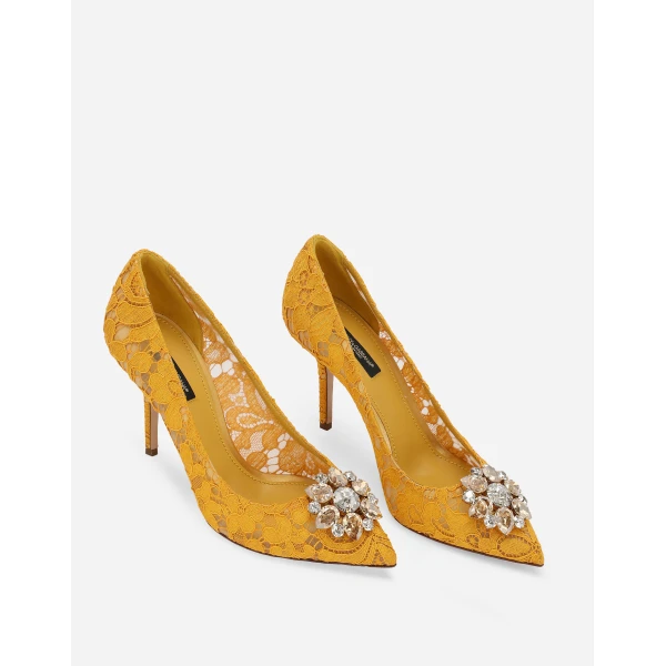 Yellow Dolce & Gabbana Lace rainbow pumps with brooch detailing, view 5 | Heels