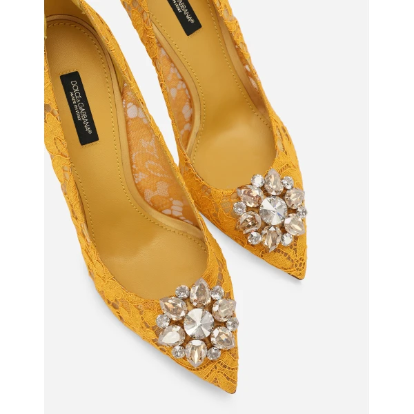 Yellow Dolce & Gabbana Lace rainbow pumps with brooch detailing, view 6 | Heels