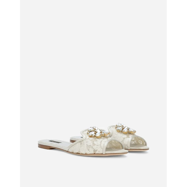 Grey Dolce & Gabbana Lace rainbow slides with brooch detailing, view 2 | Flip Flops & Slides