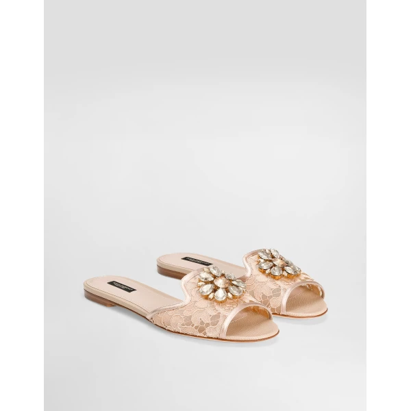Pink Dolce & Gabbana Lace rainbow slides with brooch detailing, view 2 | Flip Flops & Slides