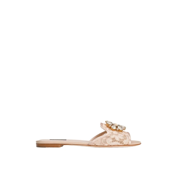 Pink Dolce & Gabbana Lace rainbow slides with brooch detailing | Flip Flops & Slides