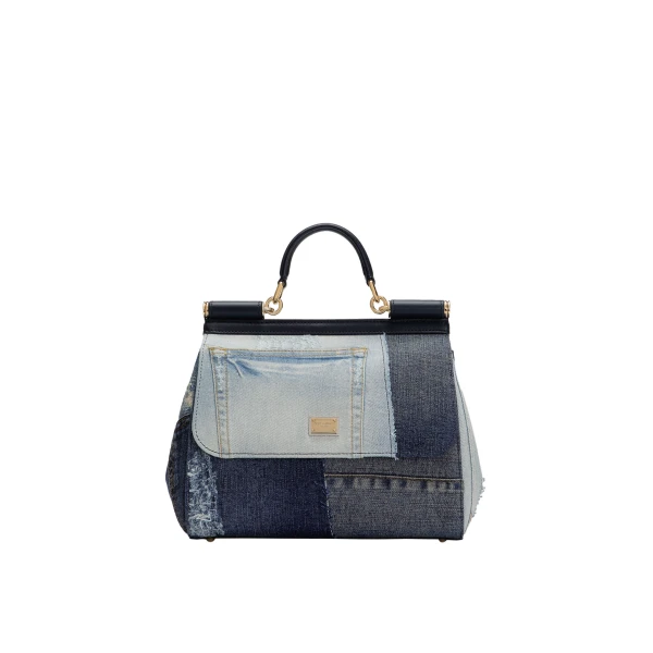Large Sicily handbag in denim and calfskin