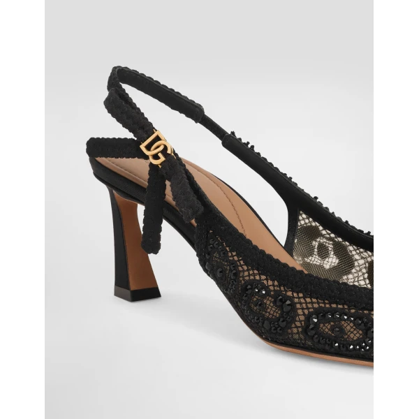 Black Dolce & Gabbana Leopard-design lace slingbacks with fusible rhinestones, view 4 | Heels