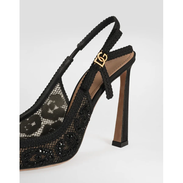 Black Dolce & Gabbana Leopard-design lace slingbacks with fusible rhinestones, view 4 | Heels