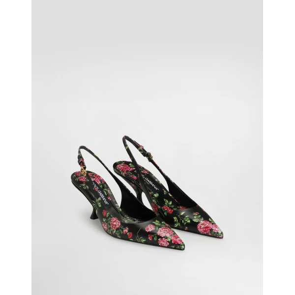 Multicolour Dolce & Gabbana Lollo calfskin slingback with rose print, view 2 | Heels