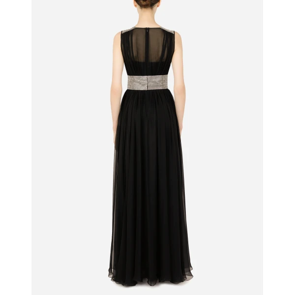 Black Dolce & Gabbana Long chiffon dress with fusible rhinestone detailing, view 3 | Maxi Dresses
