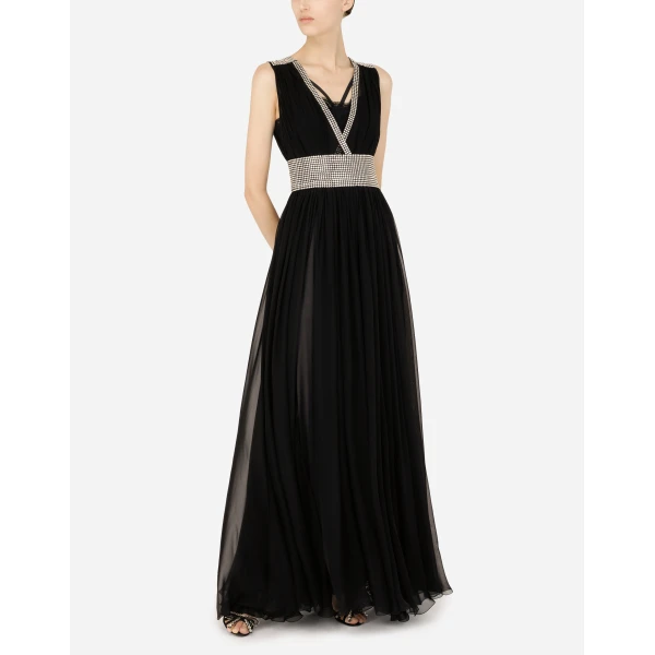 Black Dolce & Gabbana Long chiffon dress with fusible rhinestone detailing, view 4 | Maxi Dresses