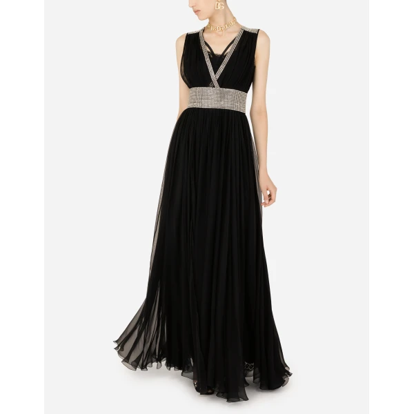 Black Dolce & Gabbana Long chiffon dress with fusible rhinestone detailing, view 6 | Maxi Dresses
