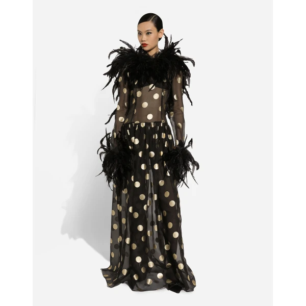 Print Dolce & Gabbana Long polka-dot silk organza dress with feathered details, view 3 | Maxi Dresses
