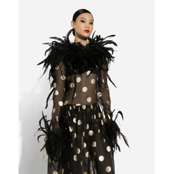 Print Dolce & Gabbana Long polka-dot silk organza dress with feathered details, view 5 | Maxi Dresses