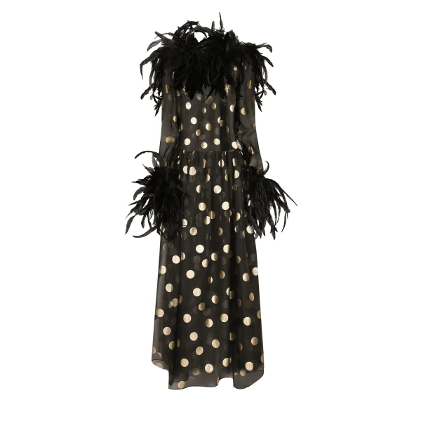 Long polka-dot silk organza dress with feathered details