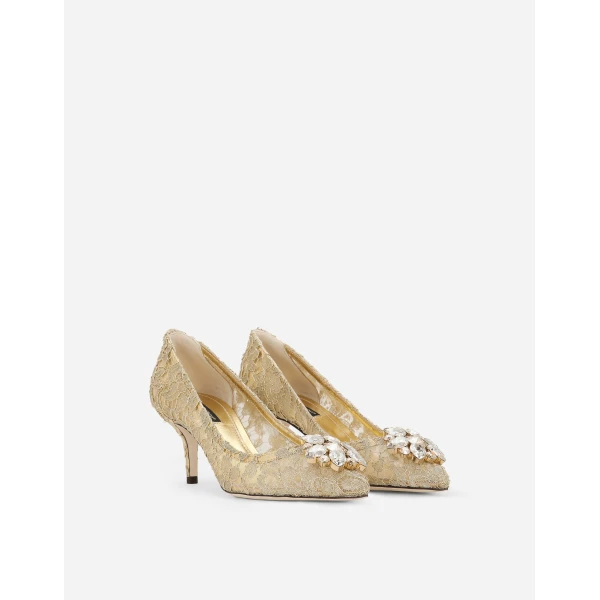 Gold Dolce & Gabbana Lurex lace rainbow pumps with brooch detailing, view 2 | Heels