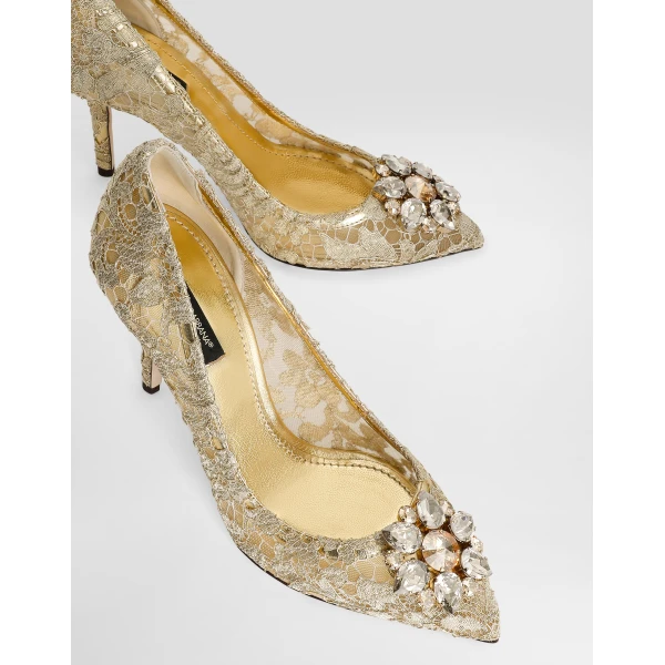 Gold Dolce & Gabbana Lurex lace rainbow pumps with brooch detailing, view 4 | Heels