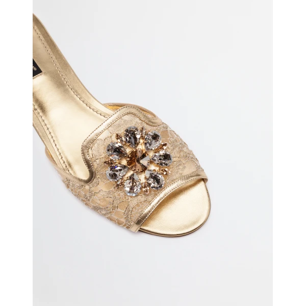 Gold Dolce & Gabbana Lurex lace rainbow slides with brooch detailing, view 2 | Flip Flops & Slides