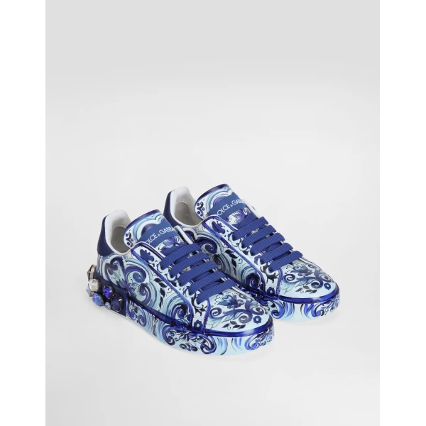 Multicolour Dolce & Gabbana Majolica-print calfskin Portofino sneakers, view 2 | Sneakers