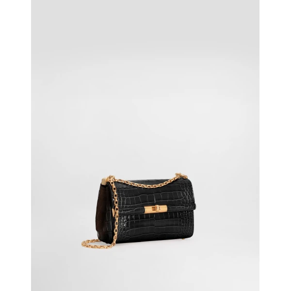 Black Dolce & Gabbana Marlene city mini bag in polished alligator, view 3 | Mini Bags