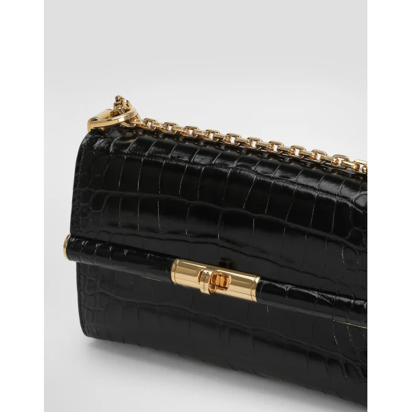 Black Dolce & Gabbana Marlene city mini bag in polished alligator, view 5 | Mini Bags