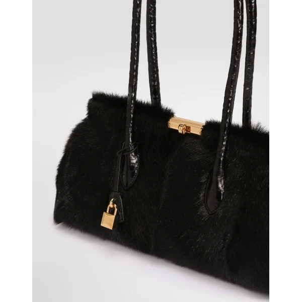 Black Dolce & Gabbana Marlene handbag in kid leather and polished crocodile, view 4 | Totes & Top-Handle Bags