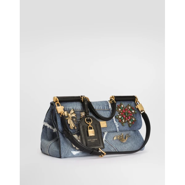 Multicolour Dolce & Gabbana Medium My Sicily denim handbag with embroidery, view 2 | Totes & Top-Handle Bags