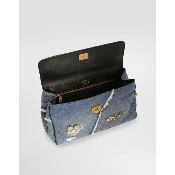 Multicolour Dolce & Gabbana Medium My Sicily denim handbag with embroidery, view 5 | Totes & Top-Handle Bags