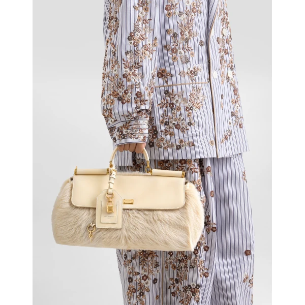 Beige Dolce & Gabbana Medium My Sicily fur and plongé calfskin handbag, view 2 | Totes & Top-Handle Bags
