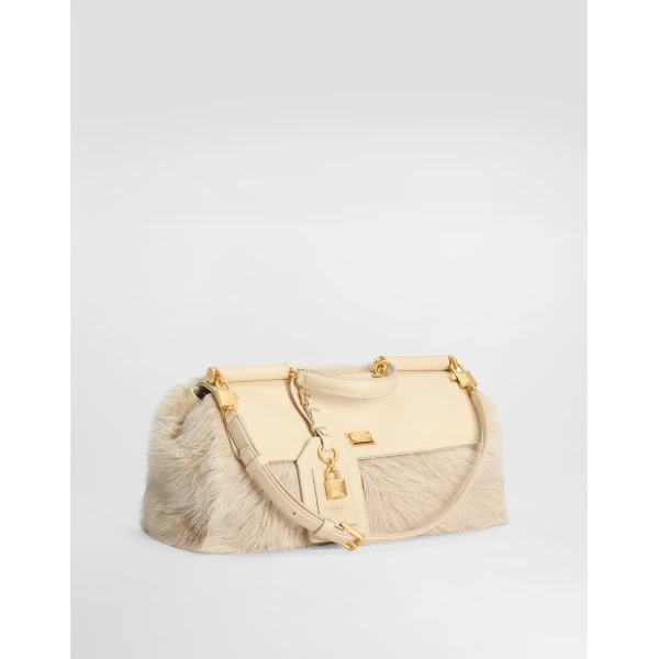 Beige Dolce & Gabbana Medium My Sicily fur and plongé calfskin handbag, view 3 | Totes & Top-Handle Bags