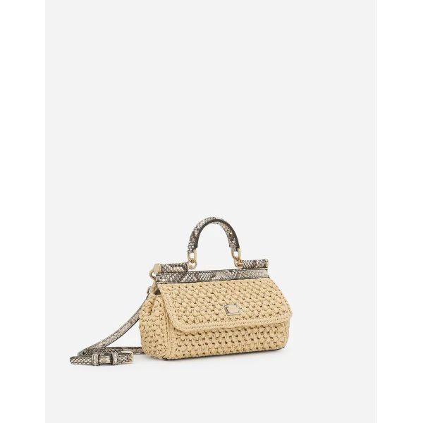 Neutral Dolce & Gabbana Mini Sicily handbag in crochet raffia, view 3 | Mini Bags