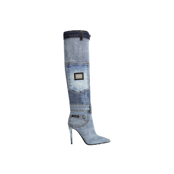 Patchwork denim boots