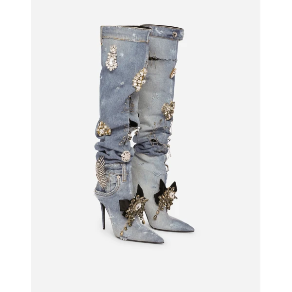 Blue Dolce & Gabbana Patchwork denim boots with embroidery, view 2 | Boots