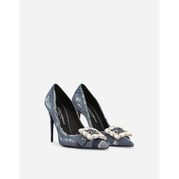 Blue Dolce & Gabbana Patchwork denim pumps with rhinestone buckle, view 2 | Heels