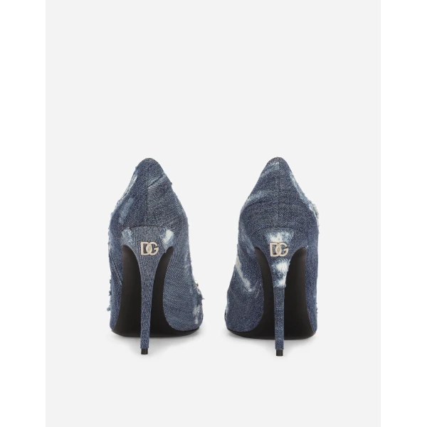 Blue Dolce & Gabbana Patchwork denim pumps with rhinestone buckle, view 3 | Heels