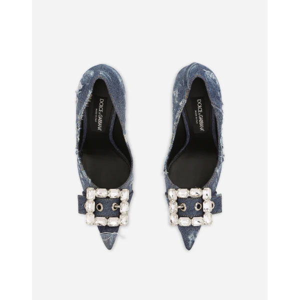 Blue Dolce & Gabbana Patchwork denim pumps with rhinestone buckle, view 4 | Heels