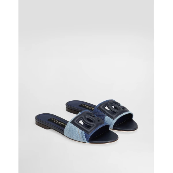 Blue Dolce & Gabbana Patchwork denim slides with DG logo, view 2 | Flip Flops & Slides