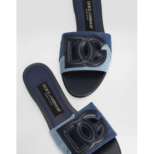 Blue Dolce & Gabbana Patchwork denim slides with DG logo, view 4 | Flip Flops & Slides