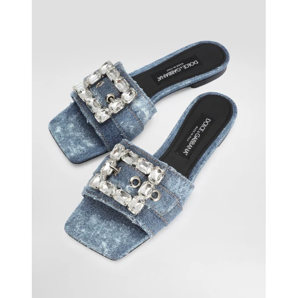 Blue Dolce & Gabbana Patchwork denim slides with rhinestone buckle, view 4 | Flip Flops & Slides