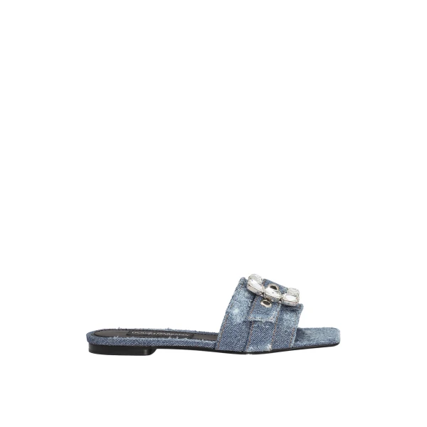 Blue Dolce & Gabbana Patchwork denim slides with rhinestone buckle | Flip Flops & Slides