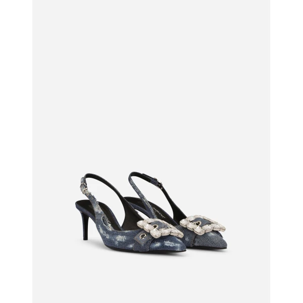 Blue Dolce & Gabbana Patchwork denim slingbacks with rhinestone buckle, view 2 | Heels