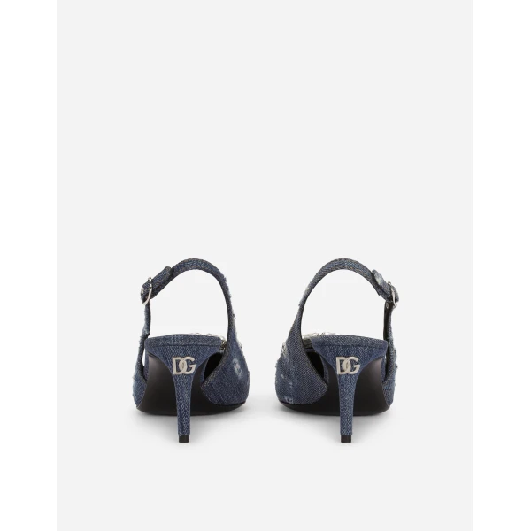 Blue Dolce & Gabbana Patchwork denim slingbacks with rhinestone buckle, view 3 | Heels
