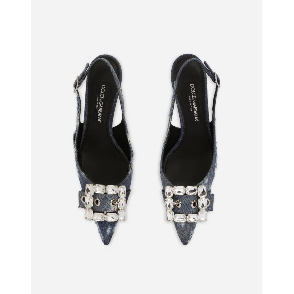 Blue Dolce & Gabbana Patchwork denim slingbacks with rhinestone buckle, view 4 | Heels