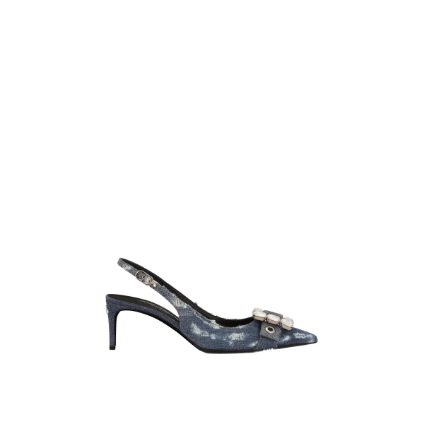 Blue Dolce & Gabbana Patchwork denim slingbacks with rhinestone buckle | Heels
