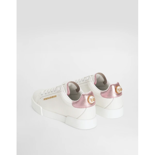 White and Pink Dolce & Gabbana Portofino sneakers in nappa calfskin with lettering, view 3 | Sneakers