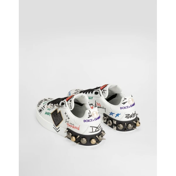 Multicolour Dolce & Gabbana Printed calfskin Portofino sneakers with patch, view 3 | Sneakers