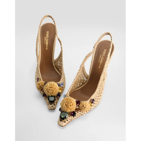 Multicolour Dolce & Gabbana Rafia crochet slingback with stones, view 4 | Heels