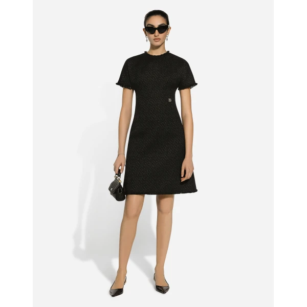 Black Dolce & Gabbana Raschel tweed midi dress with DG logo, view 2 | Midi Dresses