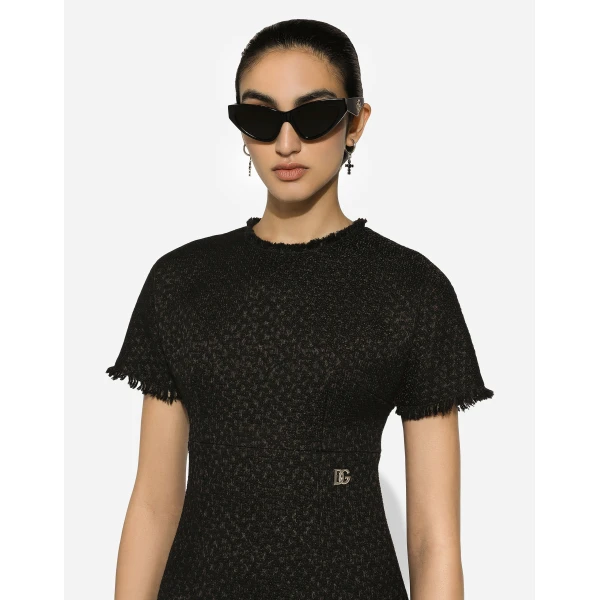 Black Dolce & Gabbana Raschel tweed midi dress with DG logo, view 4 | Midi Dresses