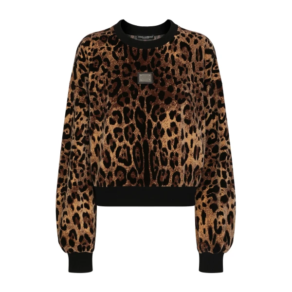 Round-neck chenille sweatshirt with jacquard leopard design