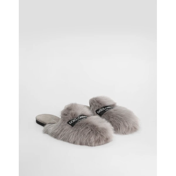 Grey Dolce & Gabbana Shearling and suede slippers, view 2 | Mules