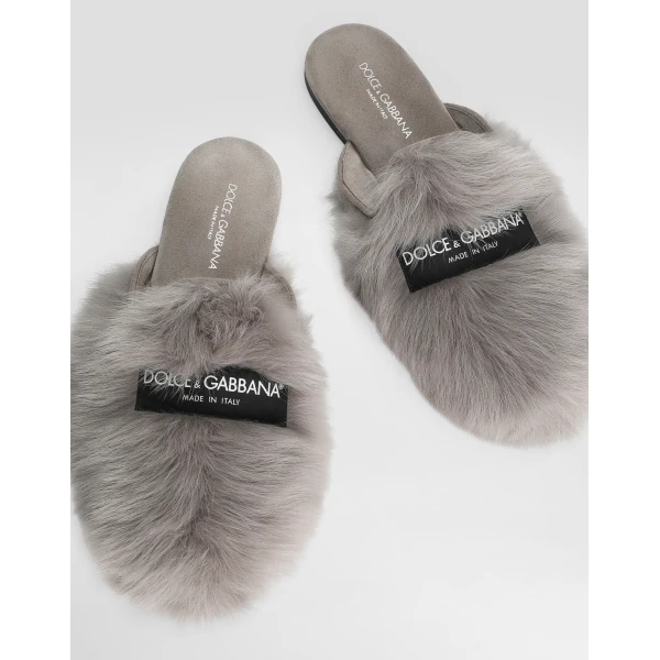 Grey Dolce & Gabbana Shearling and suede slippers, view 4 | Mules